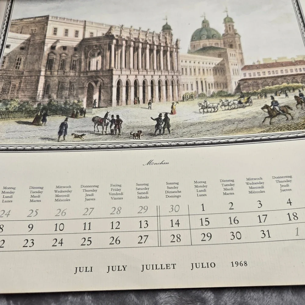 Vintage 1968 A Universe Calendar German Cities Illustrations Hamburg Würzburg